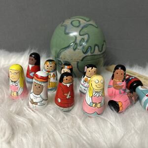 Vintage Wooden World Globe with 13 Nesting Dolls Multicultural Rare